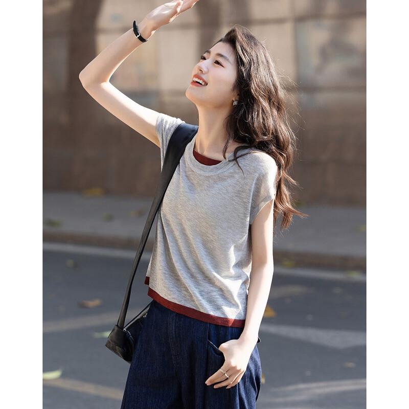 Demana Women's Summer Color Block Knit Short Sleeve Top