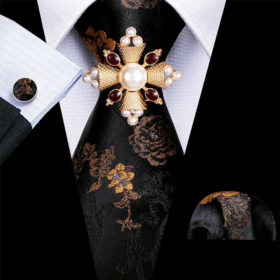 

Мужская брошь с галстуком, черный, золотой, красный, жаккардовый, в полоску с пейсли, шелковый галстук, носовой платок, набор запонок N-5345