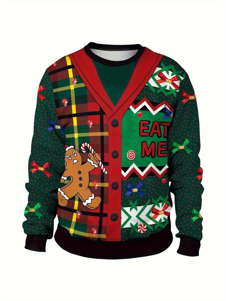 Plus Size Men's Festive Christmas Plaid and Bells [Print Sweater - Casual Round Neck Long Sleeve Pullover