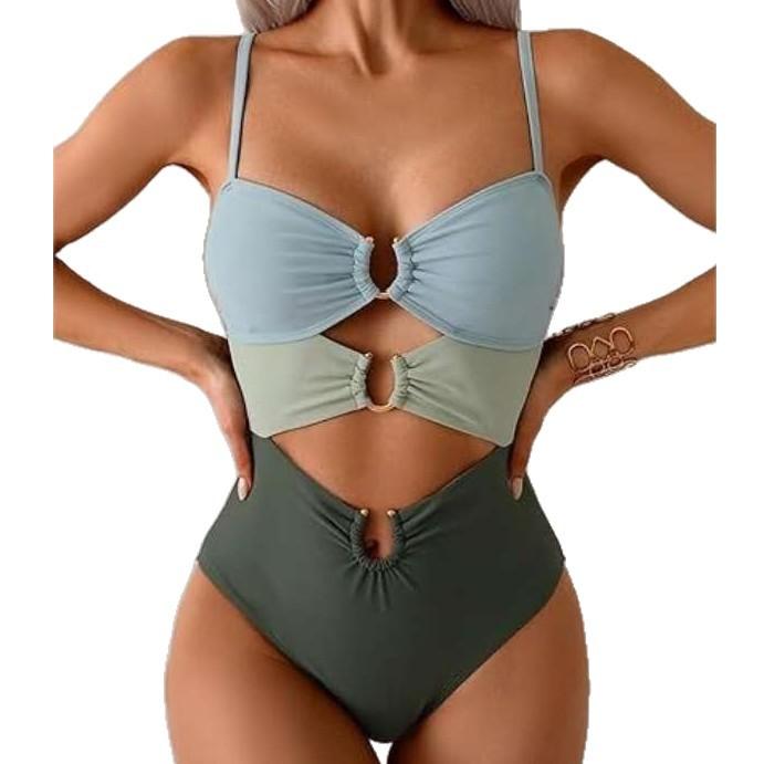 European and American swimsuit women's sexy splicing metal buckle hollow one-piece swimsuit hot spring vacation swimsuit women