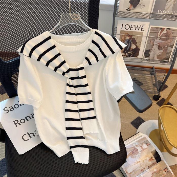 Short-sleeved knitted sweater with shawl chic Korean version fake two-piece top small shirt women's summer versatile trend fashion