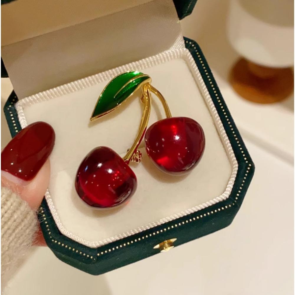 Dark Red Cherry Brooches for Women Clothing Cute Crystal Fruit Enamel Pins Party Jewelry Gifts
