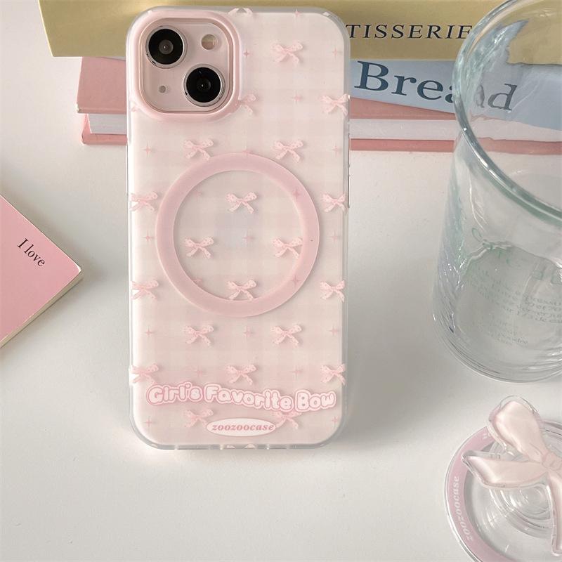 Pink Plaid Bow Magnetic Stand Compatible with iPhone 17 Pro Max Apple 16 Phone Case 15 Girl 14