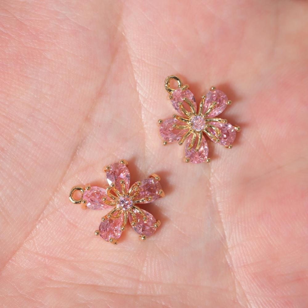 Pink Zirconia Flower Copper Charms, Golden Plated DIY Jewelry Pendants for Earring Necklace Craft