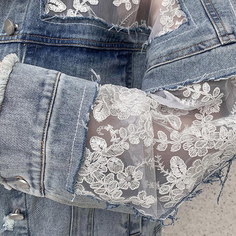 Kot Ceketler Yaz Uzun Kollu Büyük Boy kadın Ceket Gevşek Dantel Patchwork Üst Bayan Denim Ceket