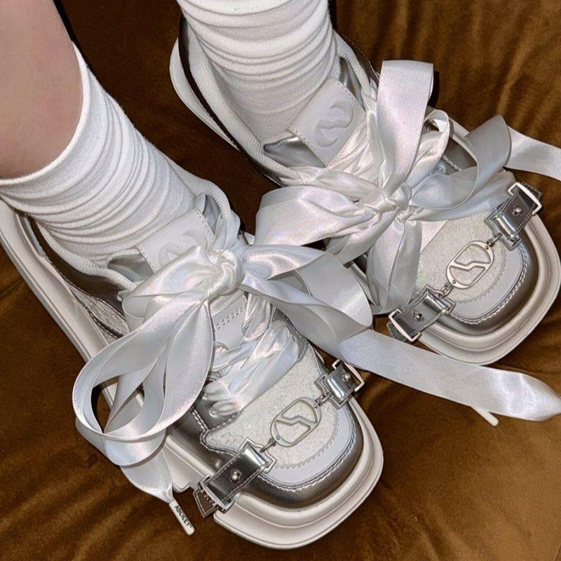 Fashion Shoes for Women Fashion New Silver Retro Casual Sneakers Women's Luxury Square Head Shoes Designer Flat Shoes Zapatos De Mujer