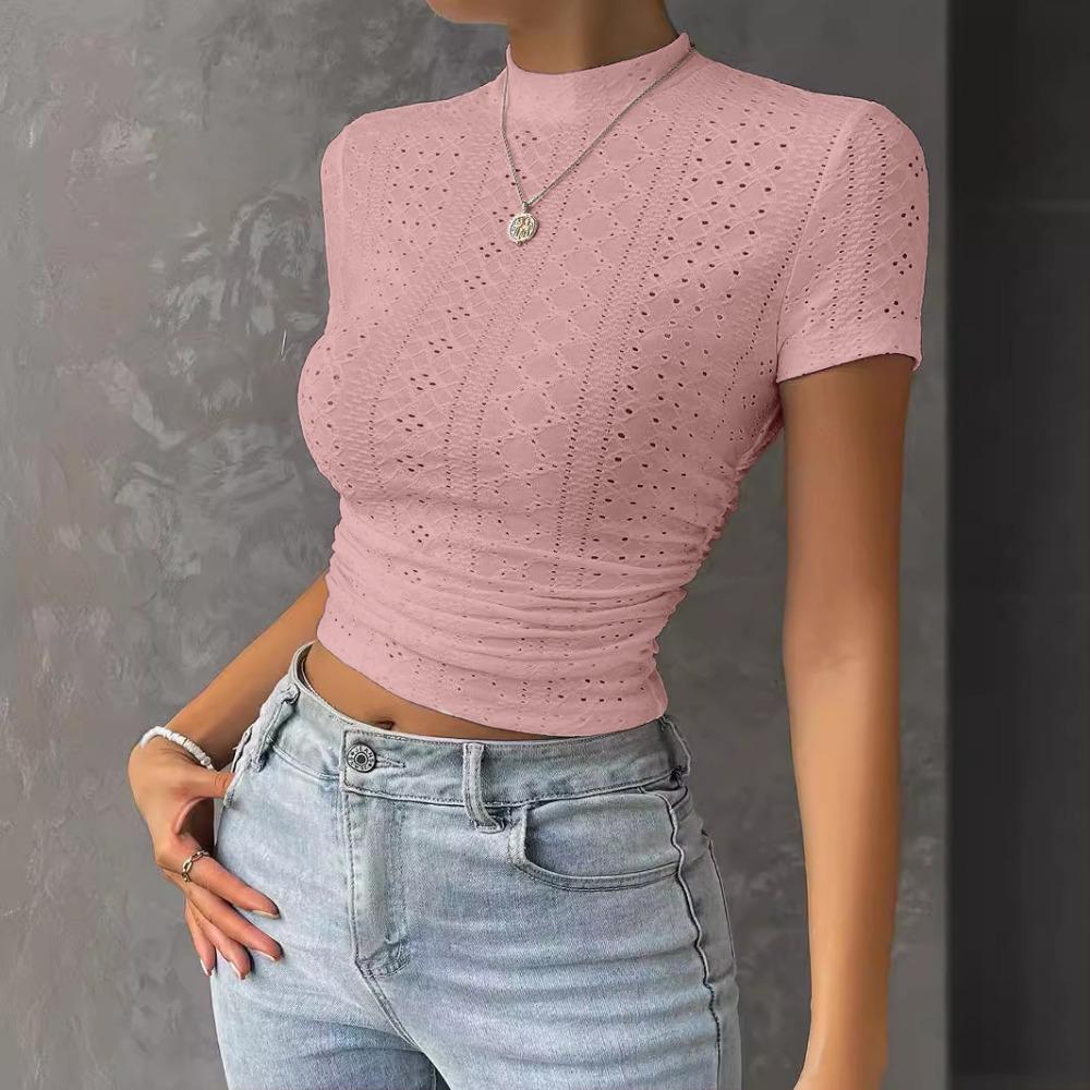 Crop top de moda para mujer con cuello alto y top de manga corta de jacquard de malla