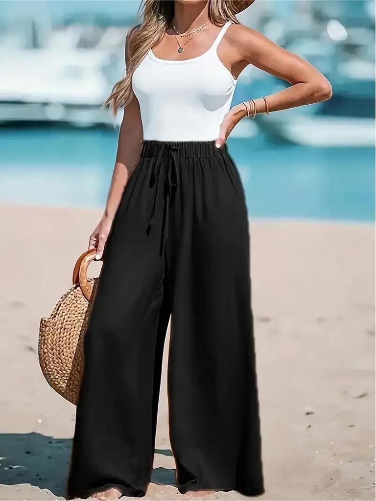 Women's Wide-Leg Solid Color Casual Polyester Pants