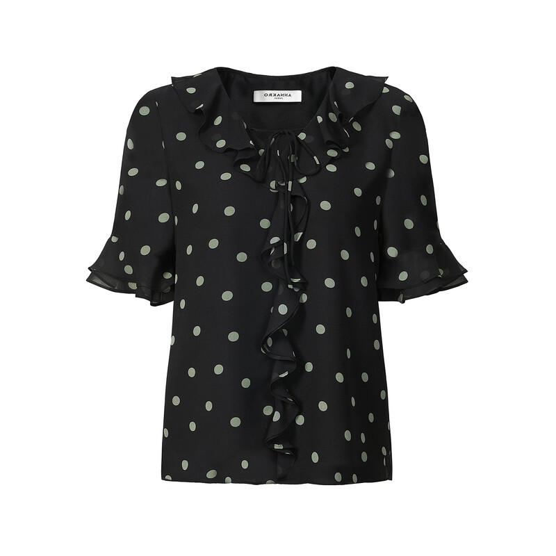 

JUZI ANNACCO Polka Dot Waist-Cinching V-Neck Blouse L