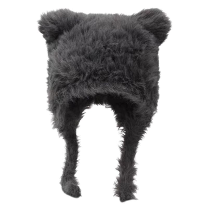 Winter Warm Plush Hat for Women Funny Bear Ear Hat Hooded Skull Hat Outdoor Activity Cap Windproof Headwear Pullover Hat