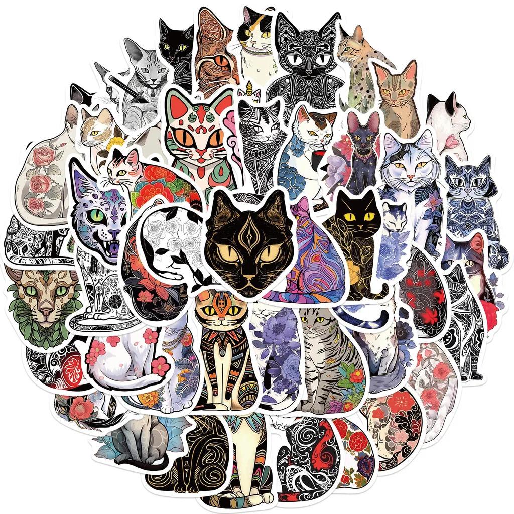 50-Piece Set No Duplicates: Edgy Vintage Cool Tattoo Cat Series Stickers - DIY Decor for Laptops, Phones Backpacks Water Bottles