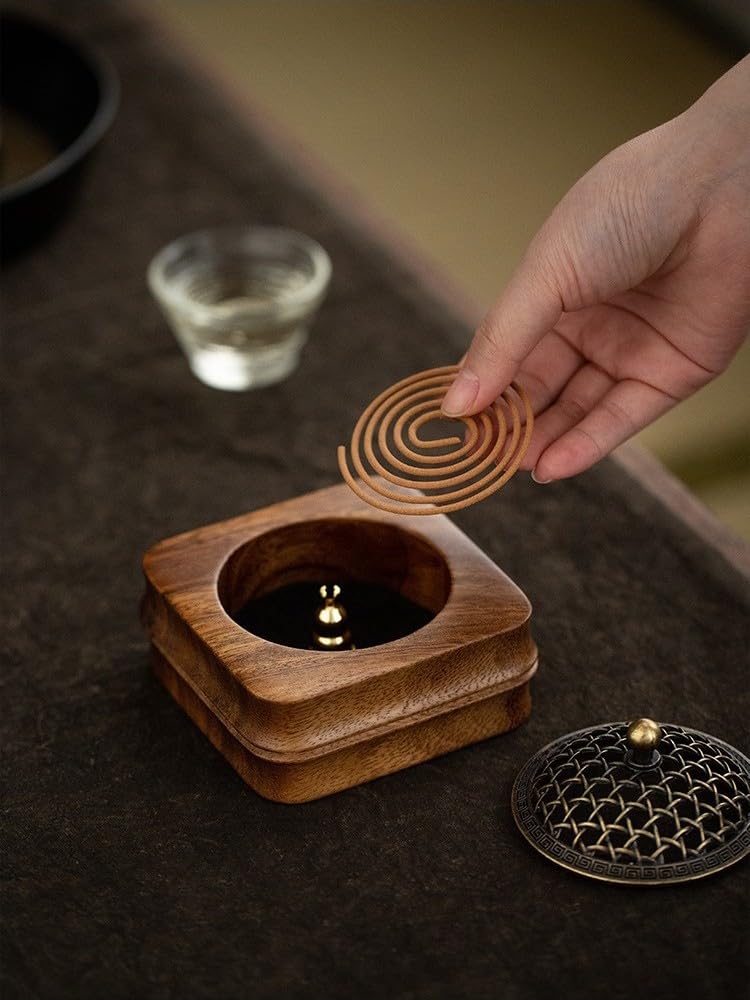 SITEDAN Räuchergefäß, Rundes Räuchergefäß, Hölzernes Räuchergefäß, Räucherstäbchenhalter für buddhistische Altäre, Antiker Räucherstäbchenhalter, für Spiralräucherwerk