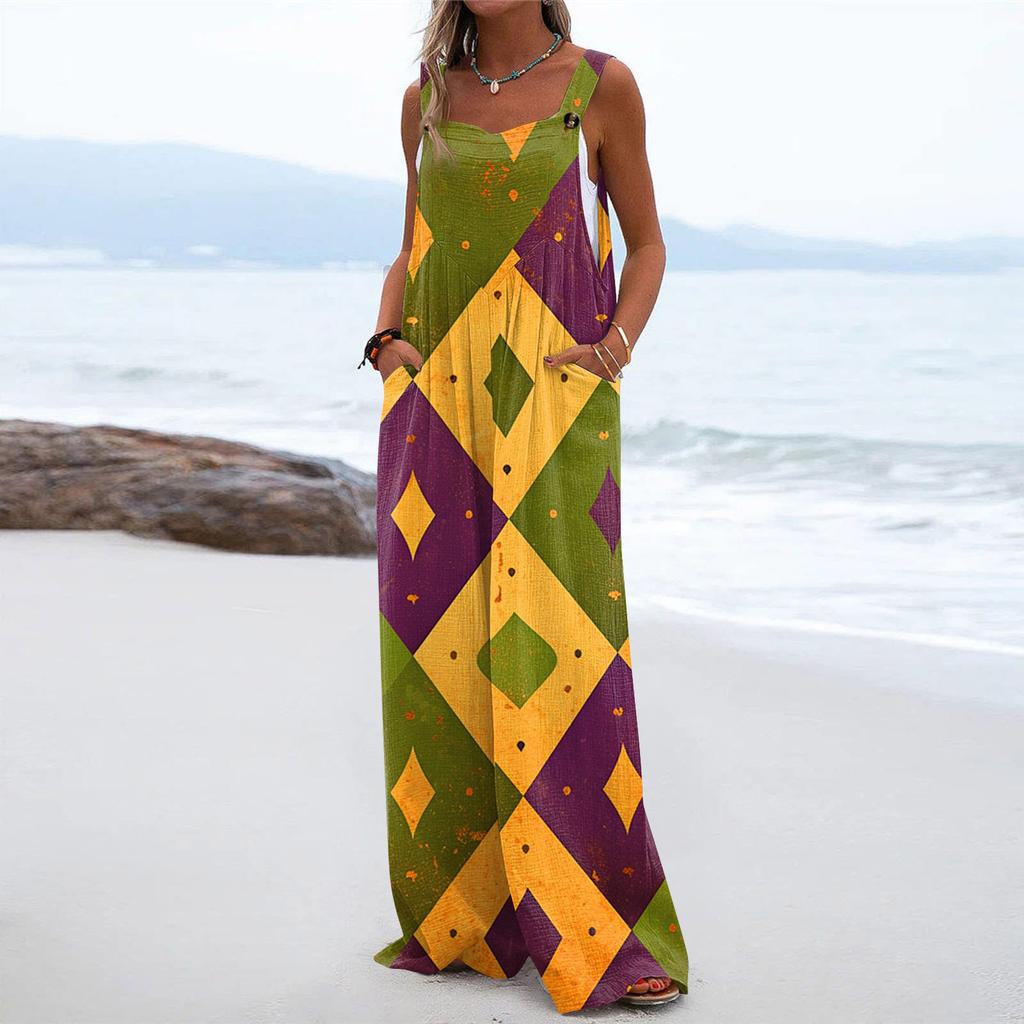 Wide Leg Overalls For Women Casual Loose Sleeveless Print Button Long Pant Romper Jumpsuit With Pockets