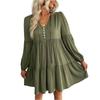 Women's Fashionable Solid Color Long Sleeved V-neck Pleated Casual Loose Dress