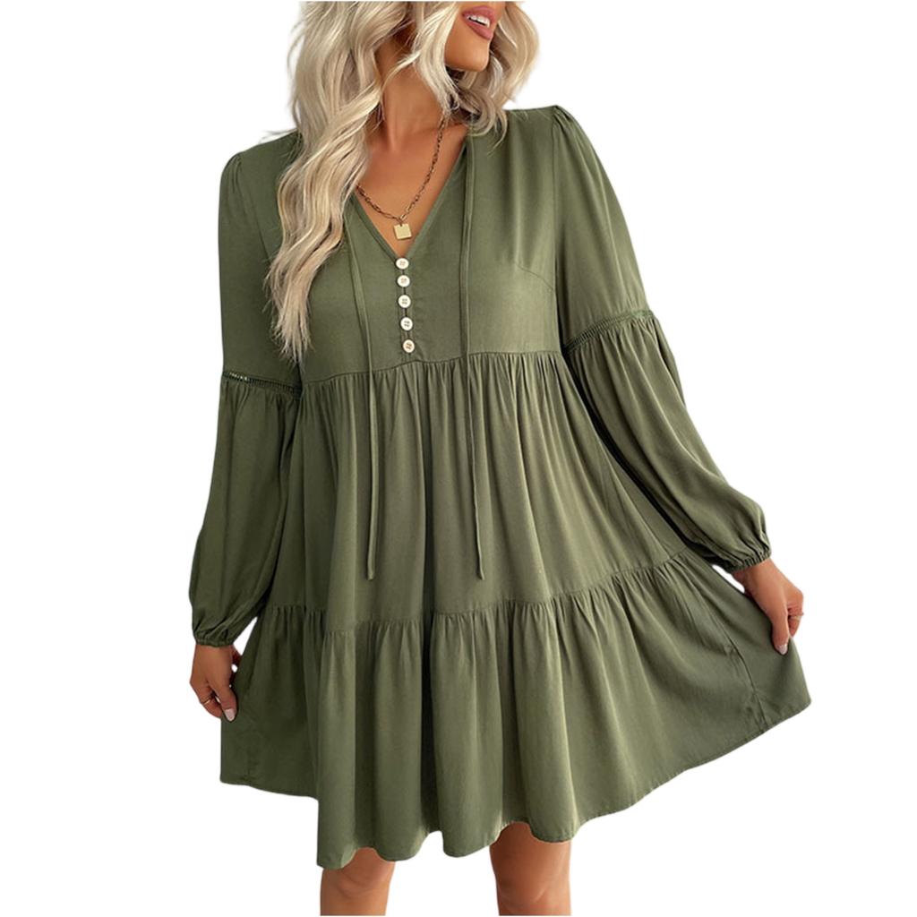 Women's Fashionable Solid Color Long Sleeved V-neck Pleated Casual Loose Dress