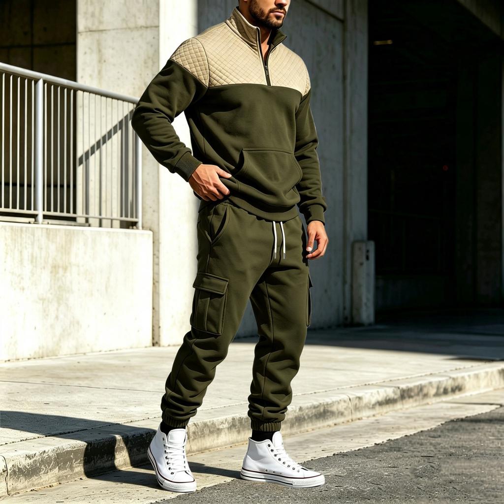 Men's Lined Track Suit with Stand Collar - Casual Color Block Sweatshirt and Pants Set, Loose Fit Two Piece Outfit for Fall Winter Outdoor