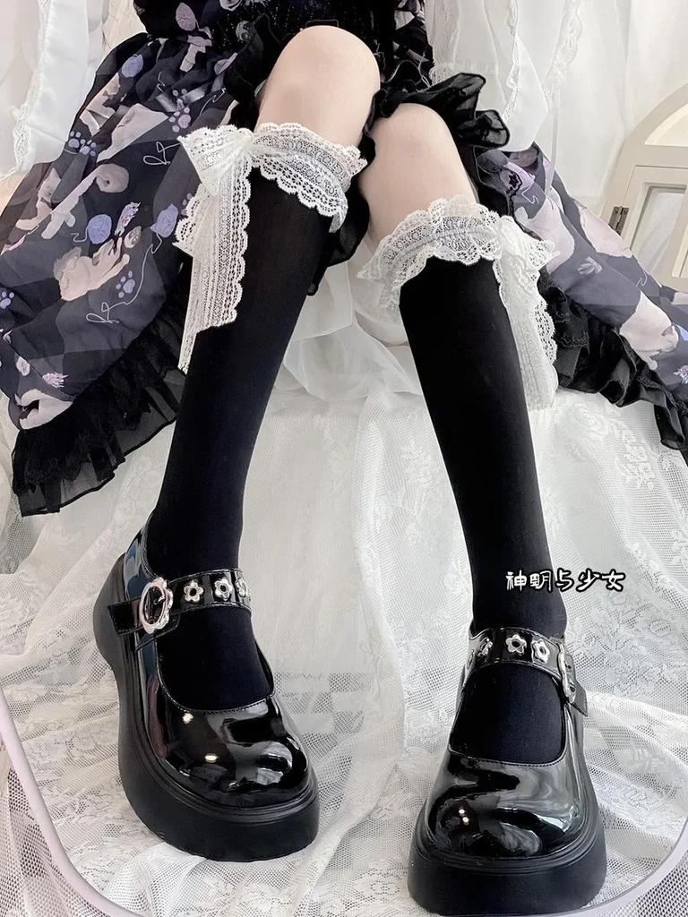 Kawaii Lolita Lace Calf Stockings Multi Layer Bow Cotton Jk Japanese Long Stockings Vintage Gothic Palace Cosplay Accessories
