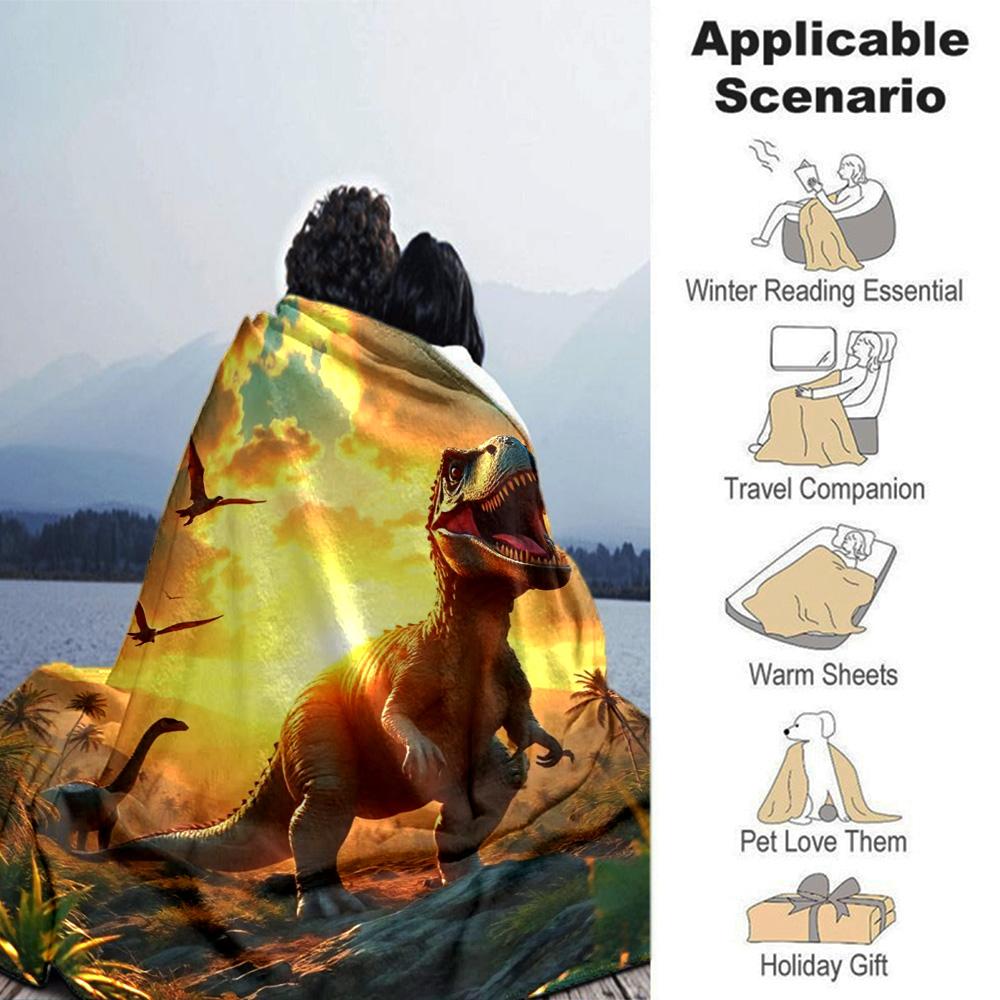 Sunset Valley T‑Rex Pterosaur Dinosaur Landscape Print Flannel Blanket Soft Warm Throw Blanket for Sofa Bed Living Room