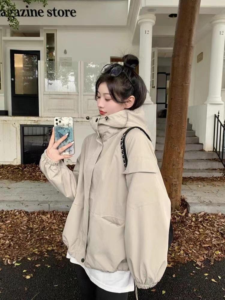 Women's Korean-Style Hooded Windbreaker: Spring/Autumn 2025, Loose Fit, Drawstring, Long Sleeve.
