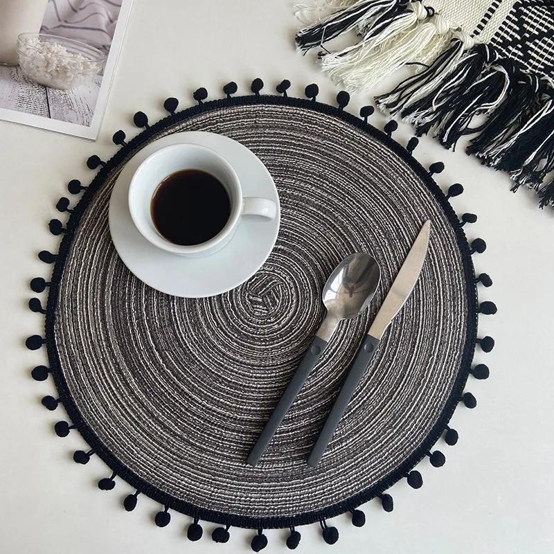 Cotton Yarn Round Table Mat With Ball Tassel Semi-Hand Dining Tableware Non-Slip Insulation Pad Placemat Home Decor Pad Coaster