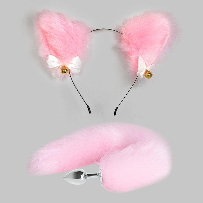 Cat Tail Bell Headband, Anal Plug, Nipple Clamps Flirting Set