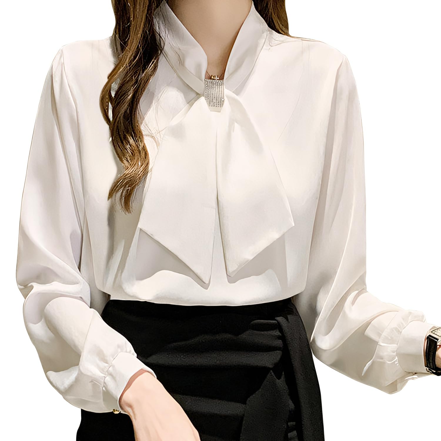 

[SYitong] JFashion Bow Tie Blouse, Fresh and Flowy Blouse with Ribbon, Long Sleeved, Stylish, Office Casual Chiffon Blouse, Spring Clothing, Ribbon Bl