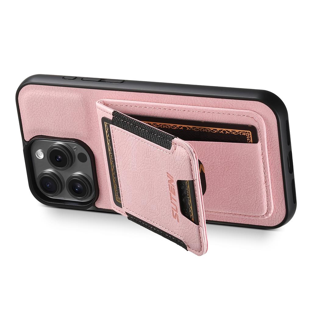 SUTENI H03 For iPhone 16 Pro Case Card Holder Kickstand Litchi Texture Leather+TPU Phone Cover