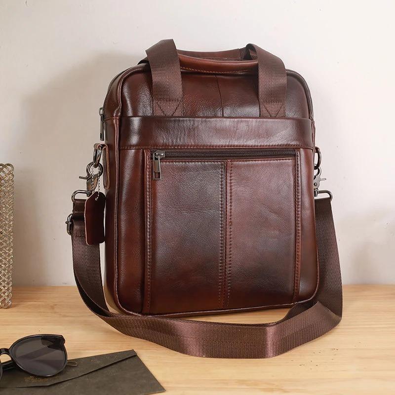 New men's handbag, 100% genuine leather shoulder crossbody bag vertical briefcase business trip messenger bag for 13.3-inch iPad