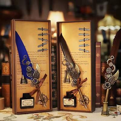 Kalem Tüyü Tüylü Daldırma Kalem 5 Uçlu Set Mürekkepli Dolma Kalem Hediye Kutulu Daldırma Mürekkep Kalemi