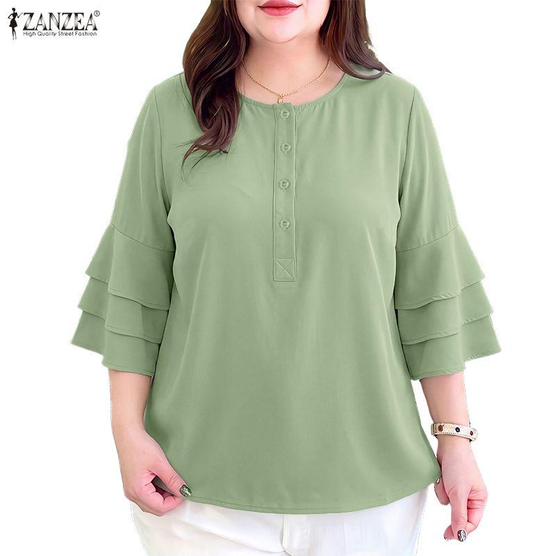 ZANZEA Lässige Bluse mit Rundhalsausschnitt und 3/4-Ärmeln für Damen