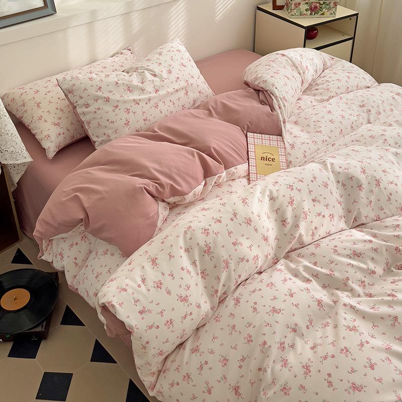 Ins Pink Flowers Bedding Set Flat Bed Sheet Duvet Cover Twin Full Queen Nordic Bed Linen Boy Girl Bedding Sets Floral Princess