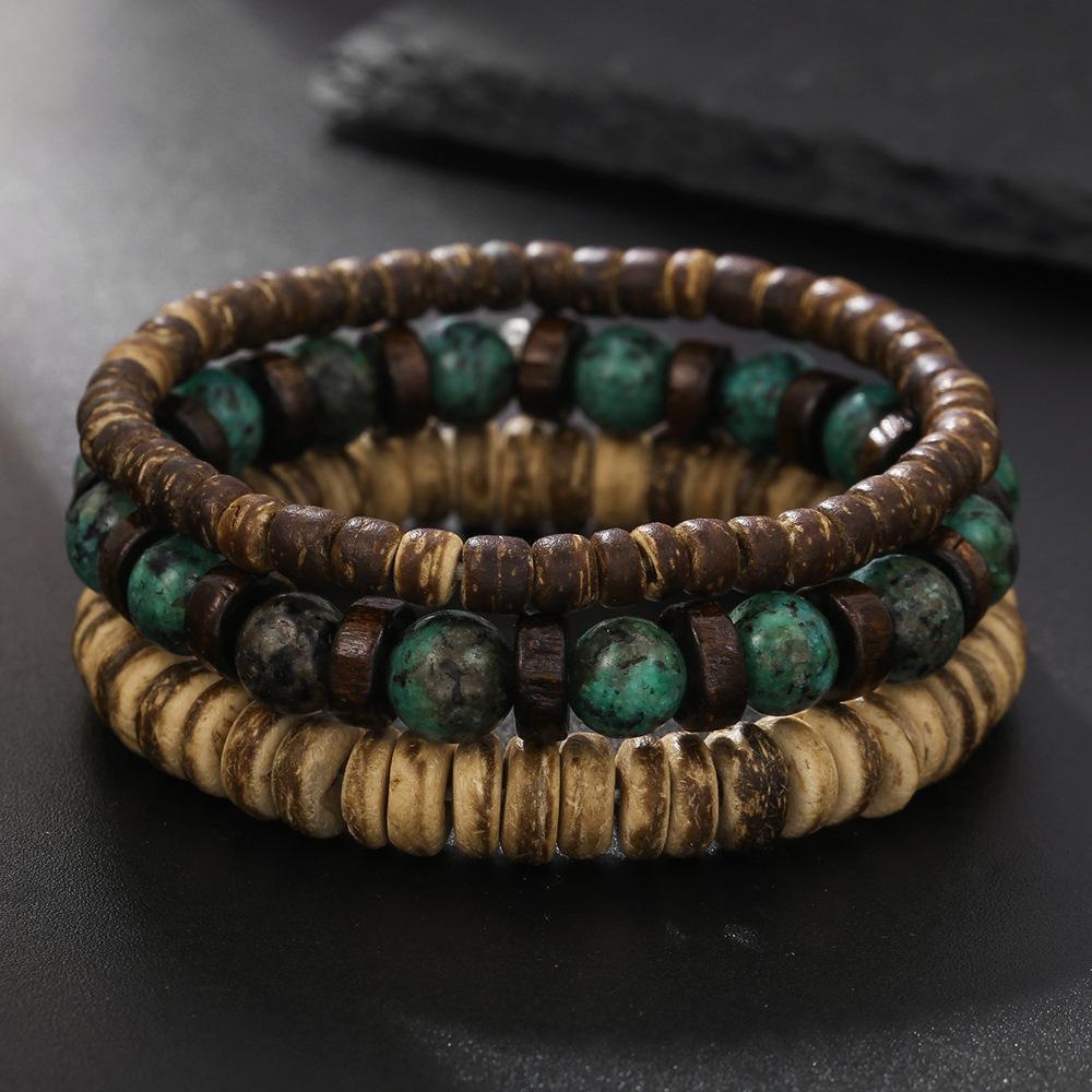 Multi-layer Stacked Bracelet Set, Retro Men's African Turquoise Wood Bead Bracelet.