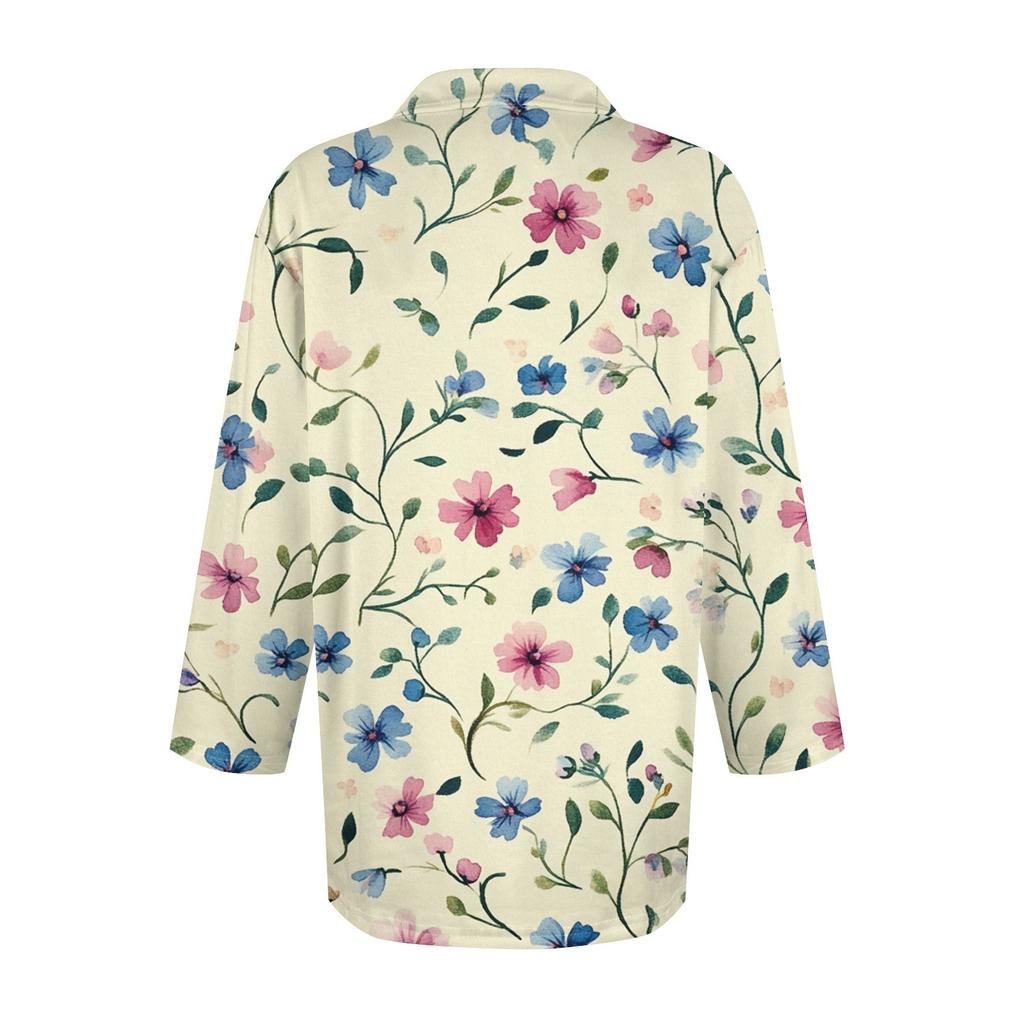 Women's Fashion Casual Button-up Seven-quarter Sleeve Floral Print Lapel Top