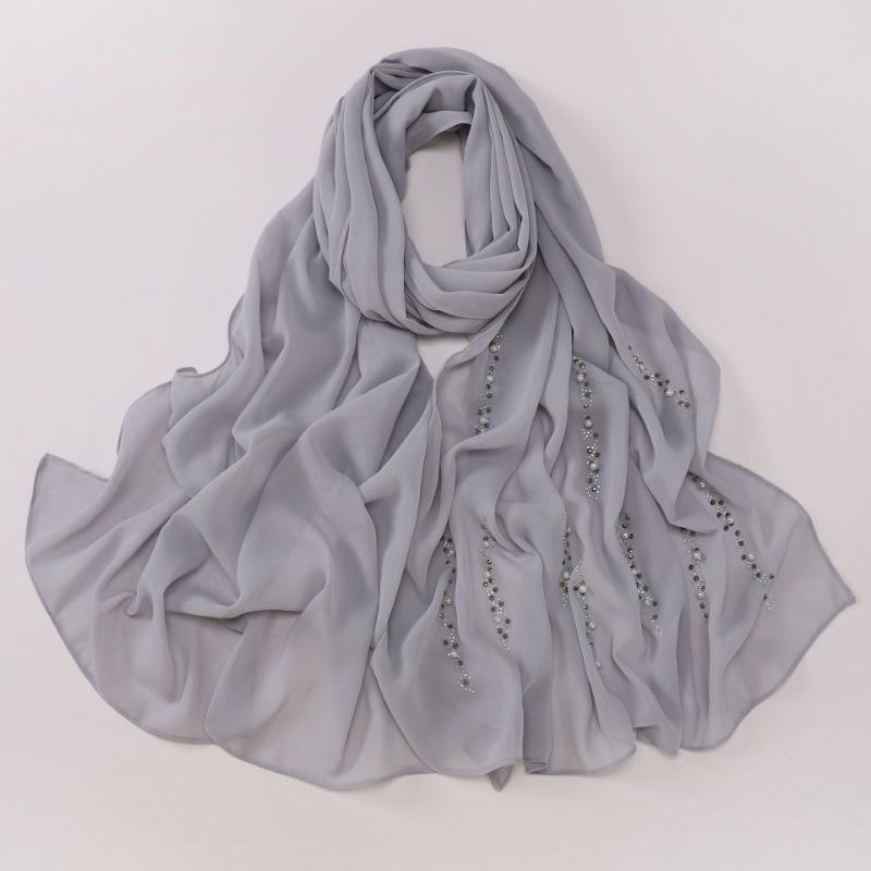 Chiffon Long Scarf With Rhinestones Beads Ethnic Headscarf For Women
