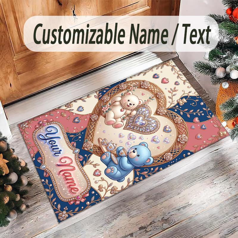 Alfombra de Terciopelo de Cristal con Temática de Osito de Peluche, Alfombrilla Suave para el Suelo con Nombre de Texto Personalizado, Decoración del Hogar
