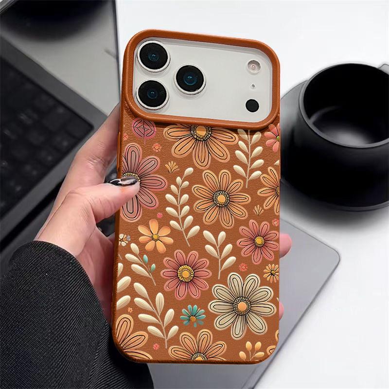 Minimalist Full-Coverage Line Art Daisy Pattern Shockproof Soft TPU Leather Texture Cover Case for iPhone 17 Pro Max Air 16e 16 15 14 13