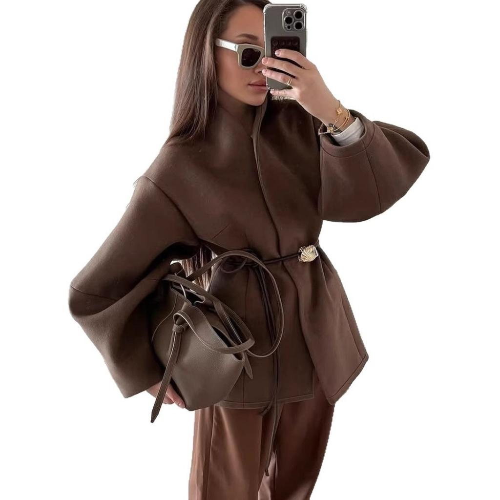 Women's Coats - Spring Autumn Women's Brown Waist Cinched Wool Coat, Elegant Fashion High-end Design Woolen Outwear for Ladies