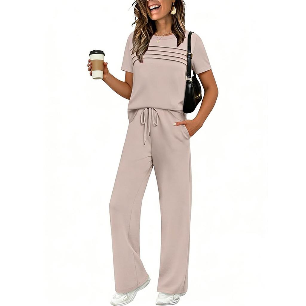 2026 New Spring-Summer Women's Casual Set: Short Sleeve Top & Wide Leg Long Pants