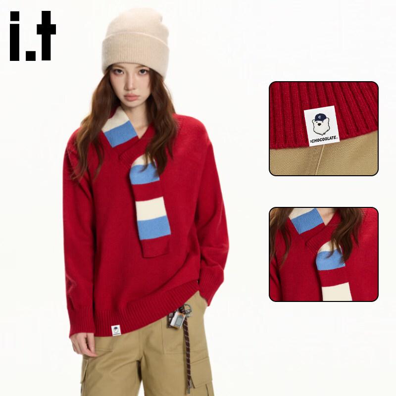 CHOCOOLATEit Festive Red Stripe Scarf Spliced Knit Sweater XL