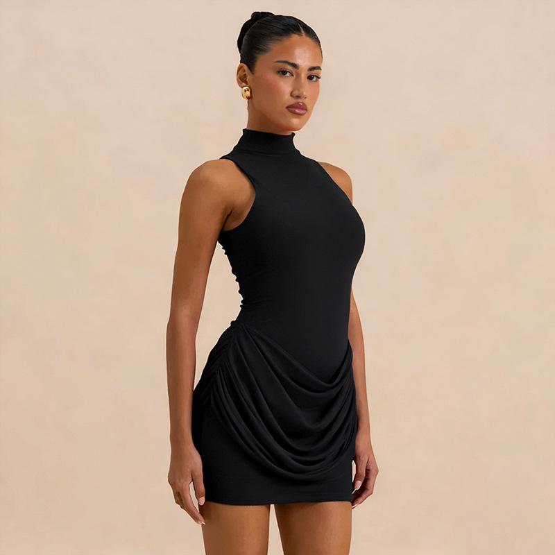 European & American Women's Winter Solid Slim Fit Round Neck Sleeveless Mini Dress
