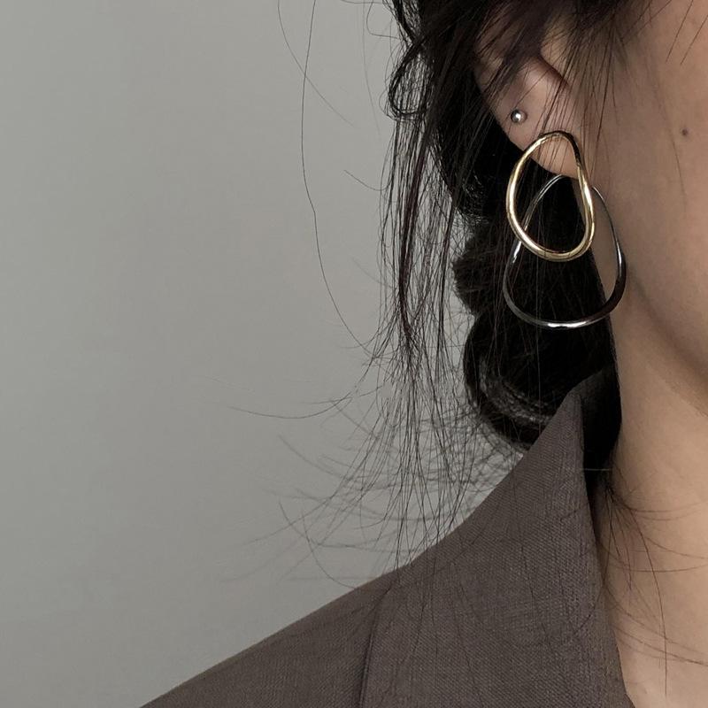 Silver needle cold wind new contrasting color oval earrings retro stud earrings elegant simple versatile earrings women