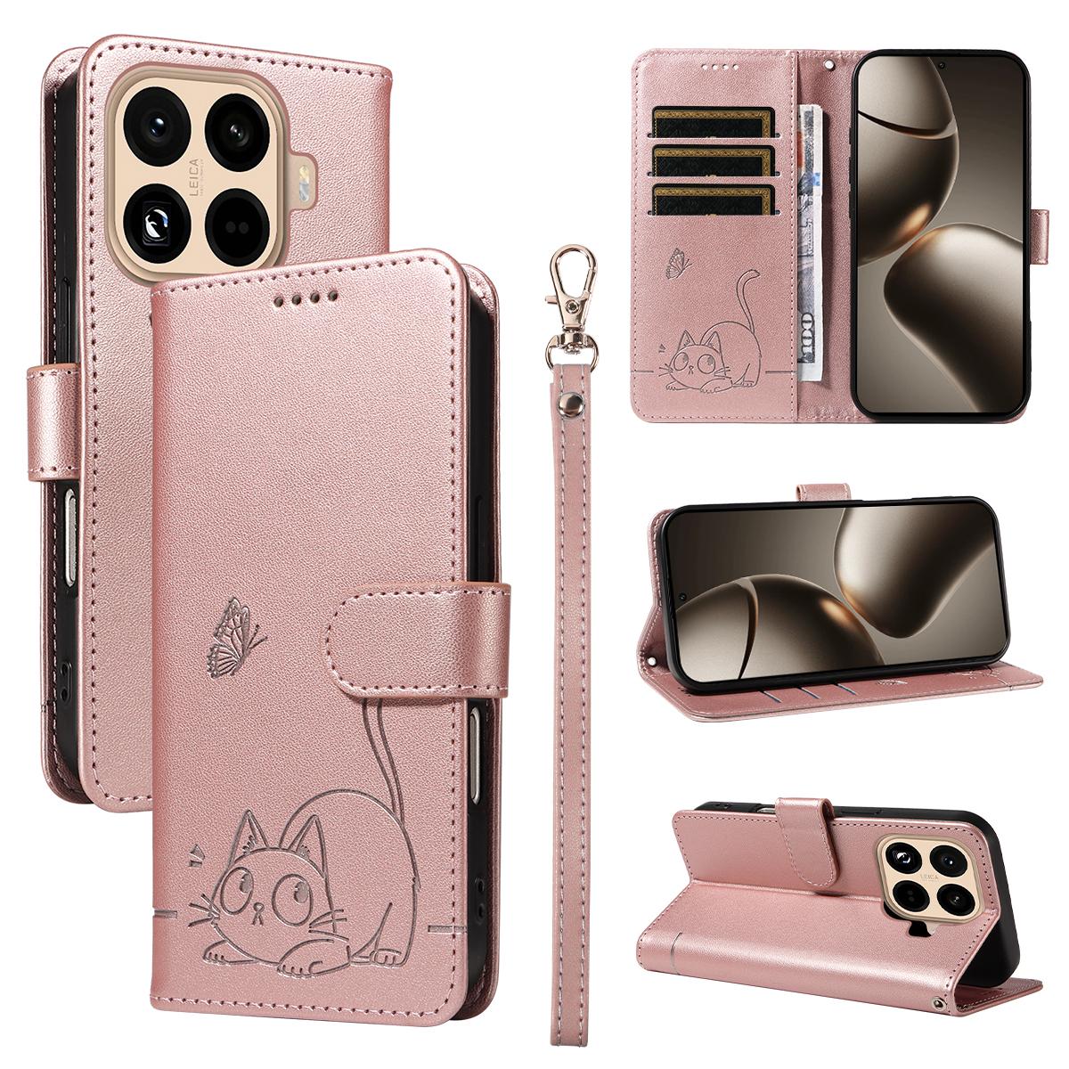 

For Xiaomi 15T Pro Case Cat Pattern Imprint Leather Phone Cover with Wrist Strap