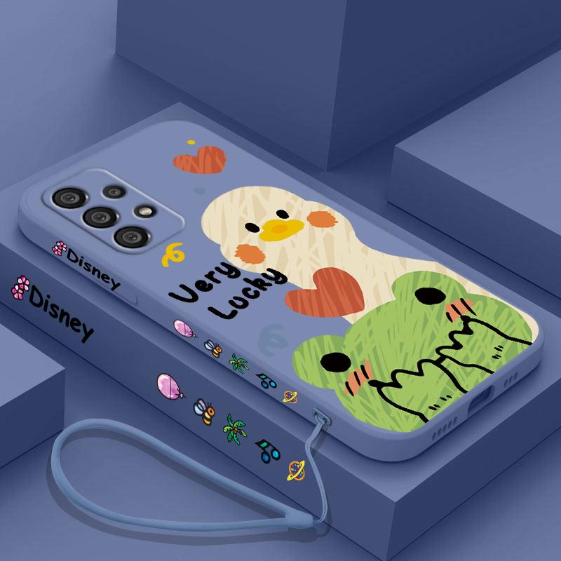 Duck With Sunglasses Cute Cartoon Phone Case For Samsung A73 A53 A33 A52 A32 A71 A51 A21S A50 A30 5G Liquid Left Rope Soft Cover