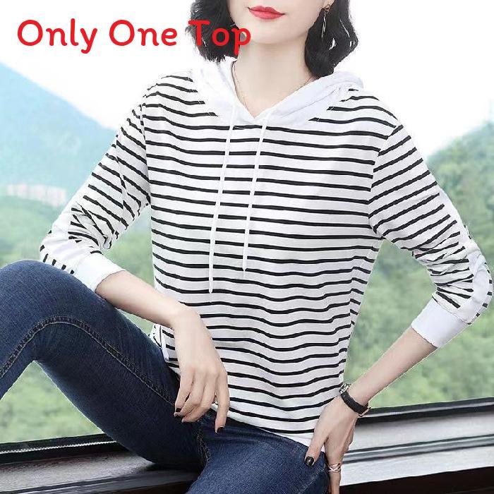 Mid Autumn Season Striped Hoodie T Shirt For Women With Patching And Loose Fit
