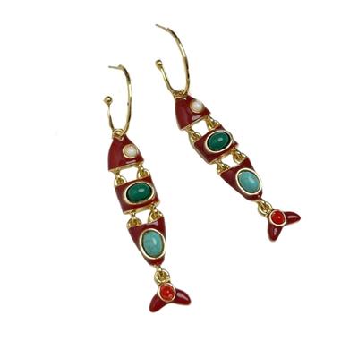 1 Pair Ethnic Inspired Fish and Tassels Design Enamel Earrings Long Hoop Style for Women Sturdy Alloy Gold Plated Jewelry