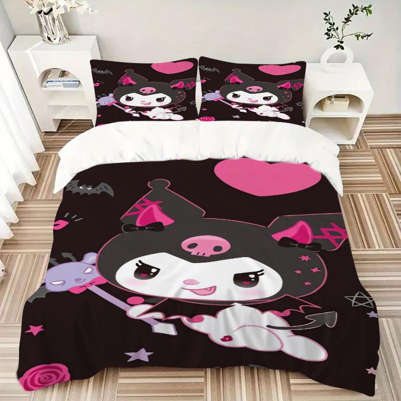 3pcs Cute Heart Kuromi Printed Quilt Set - Includes 1 Quilt Cover and 2 Pillowcases, Machine Washable - Suitable for All Seasons.S024