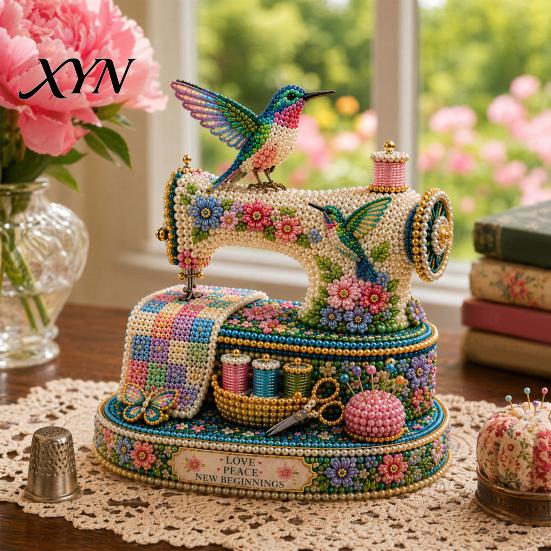 Soft Furnishing Ornament DIY Tiny 3D Beaded Sewing Machine Kit for Kids & Adults, Exquisite Hummingbird Handmade Bead Craft Set, Stress Relief