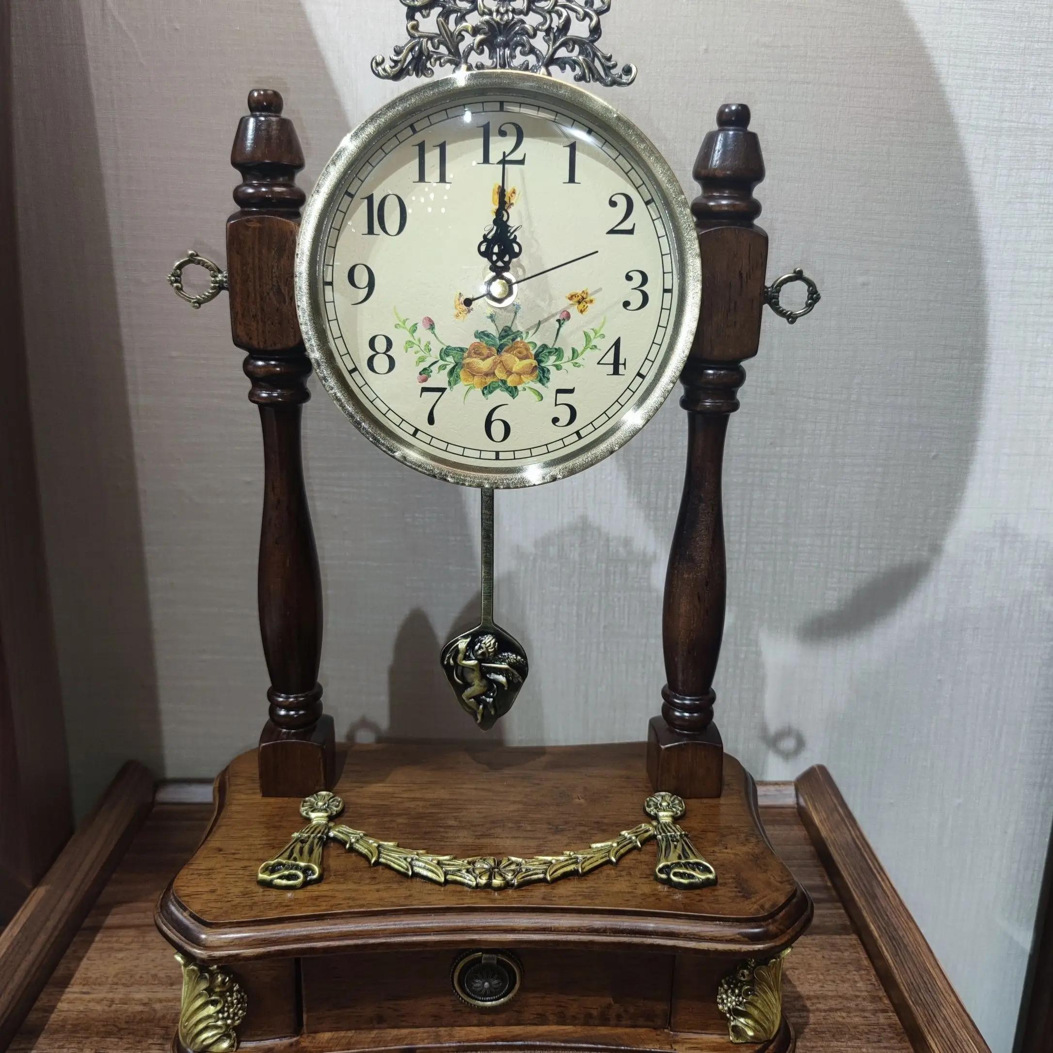 European style wooden solid wood retro wooden living room desktop silent bedroom clock antique clock desktop