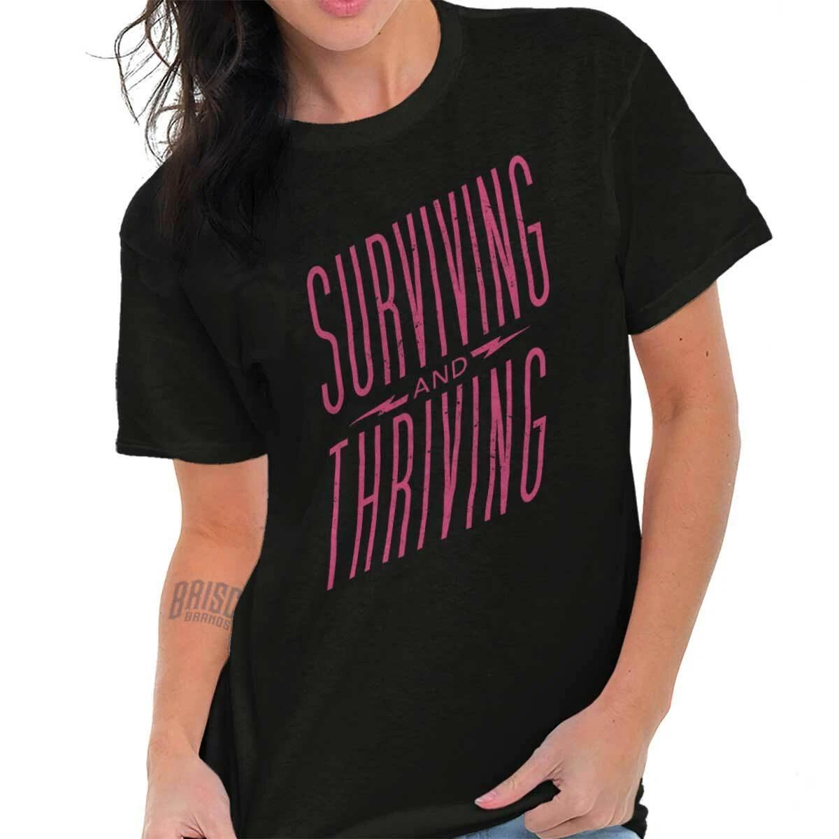 Surviving and Thriving Breast Cancer Ribbon Womens Graphic Crewneck T Shirt Tee XL