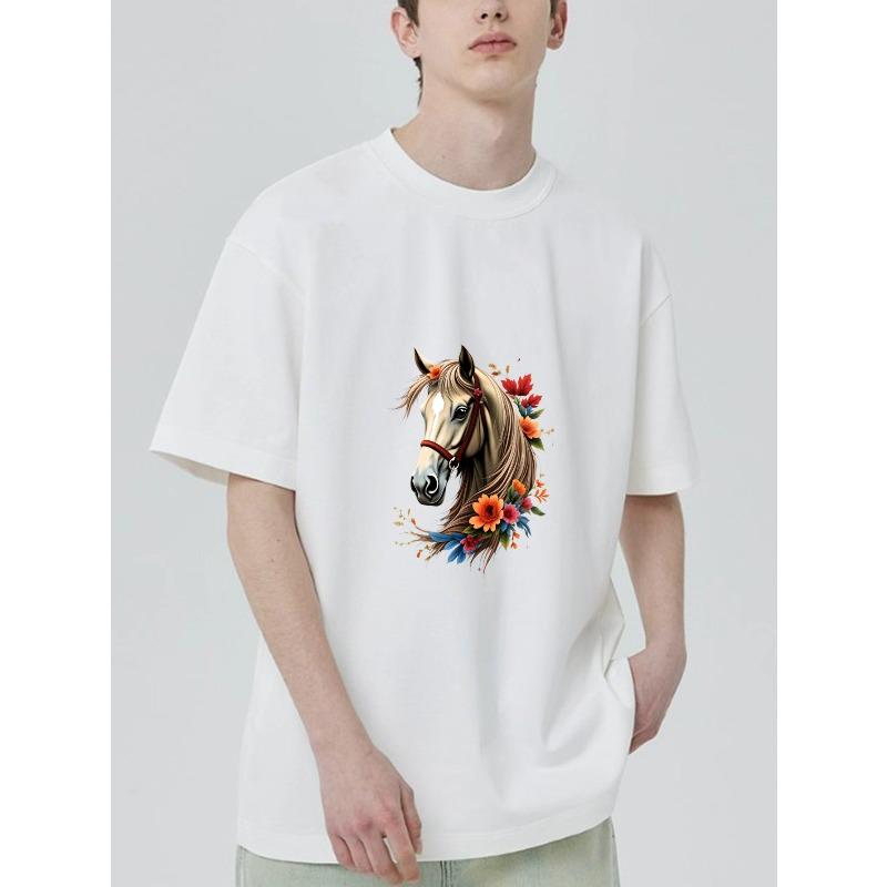 Black T-Shirt With Horse And Floral Design For Casual Wear